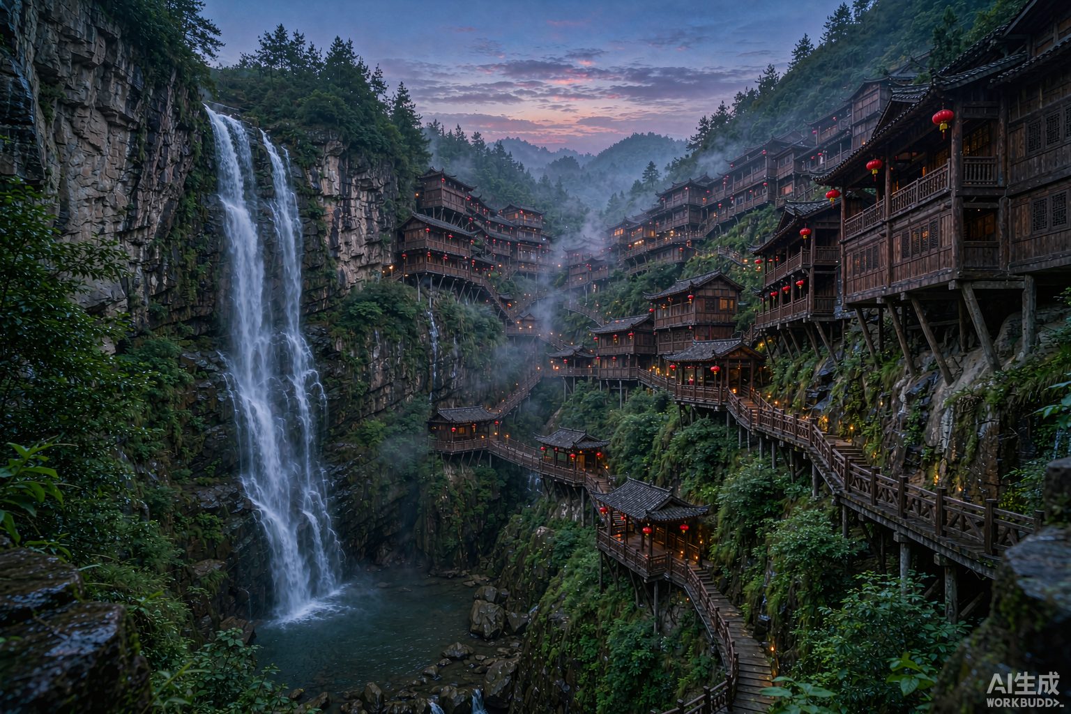 望仙谷悬崖木构小镇与瀑布（示意图）